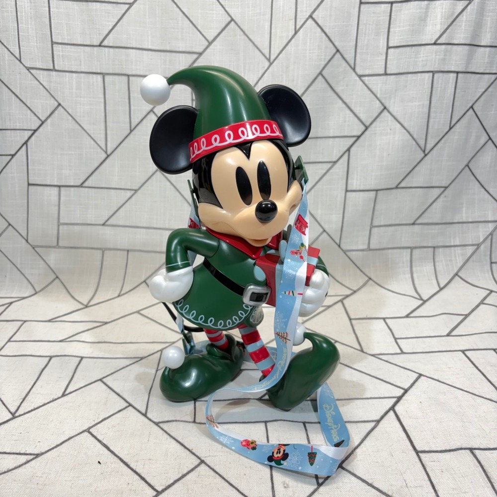Disney Popcorn Bucket 12in Green Mickey Mouse Elf Christmas Holiday Lanyard